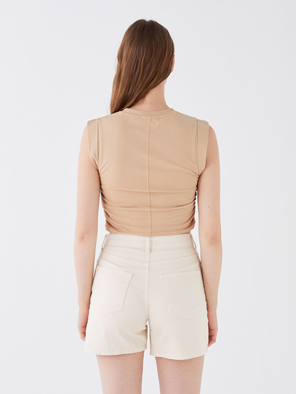 Kahverengi Bisiklet Yaka Düz Crop Kadın Atlet-4