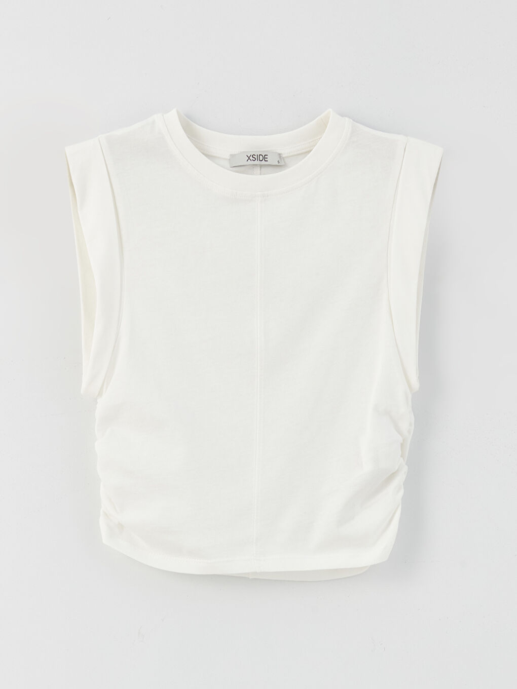 Ekru Bisiklet Yaka Düz Crop Kadın Atlet-5