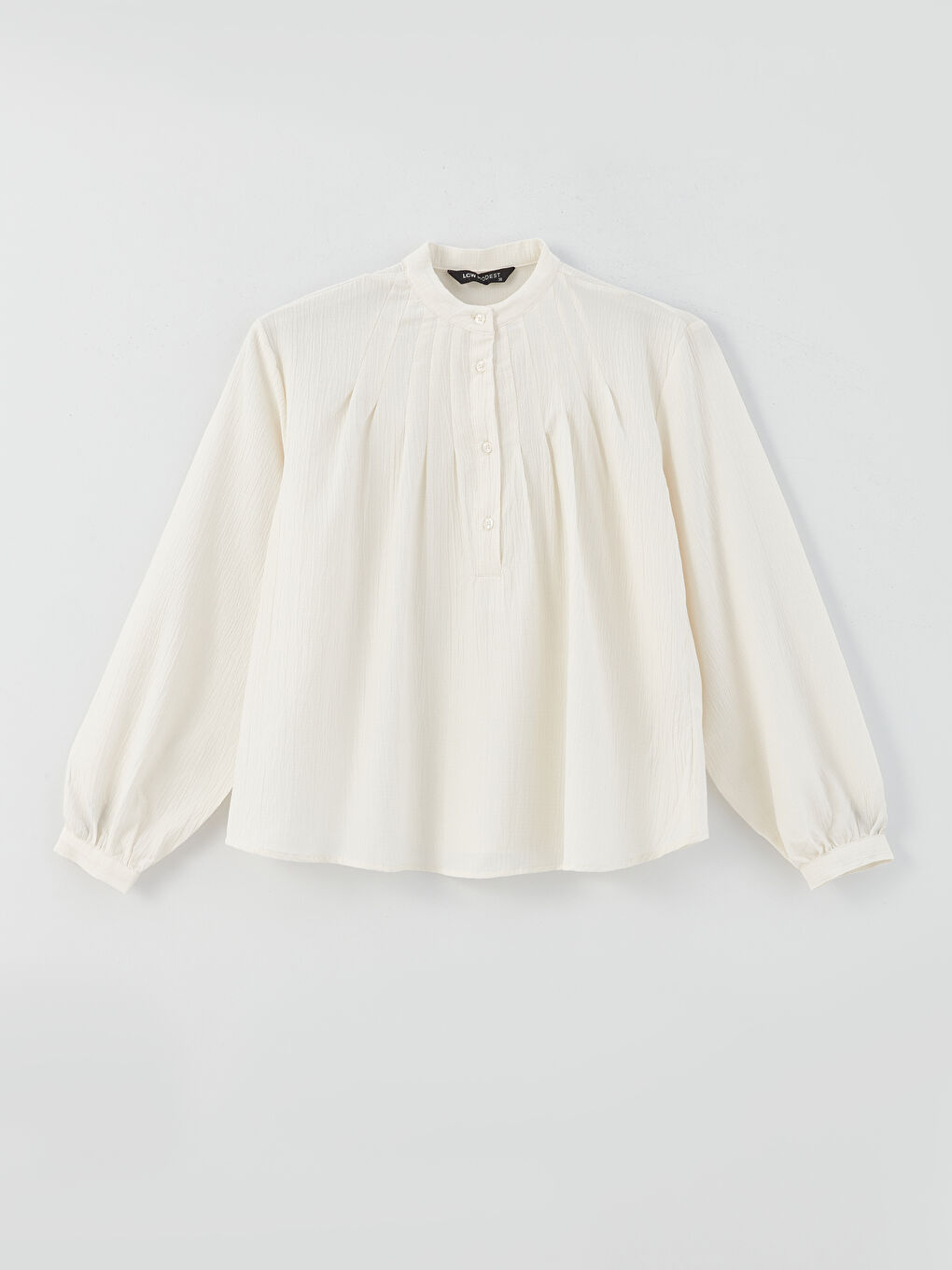 بلوزة نسائية واسعة الحجم بياقة الجد وكم طويل بتجعيد-5