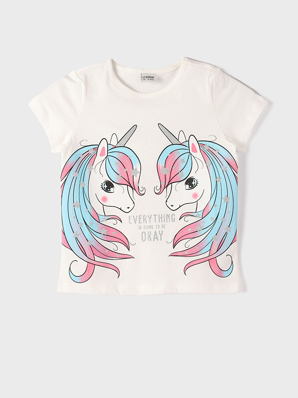 تيشيرت للبنات بياقة دائرية مطبوع كم قصير