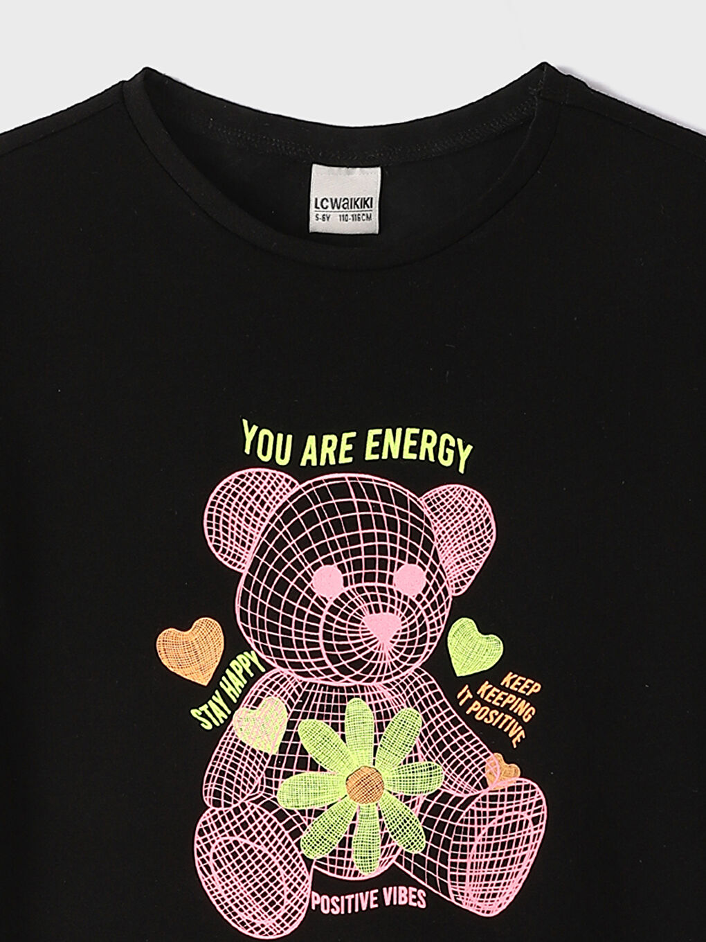 تيشيرت للبنات بياقة دائرية مطبوع كم قصير-2