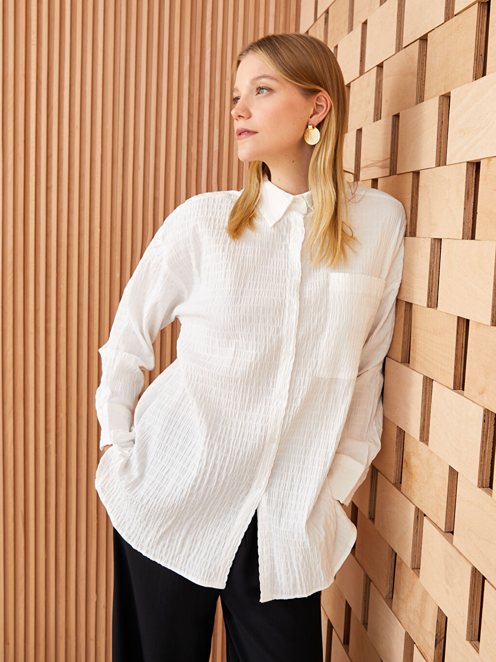 Ekru Düz Uzun Kollu Oversize Kadın Gömlek Tunik