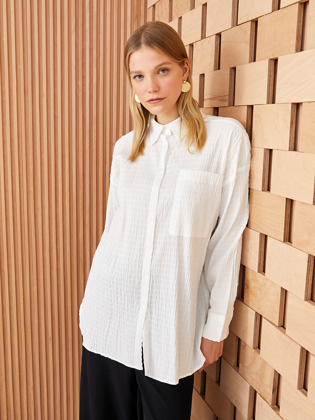 Ekru Düz Uzun Kollu Oversize Kadın Gömlek Tunik-1