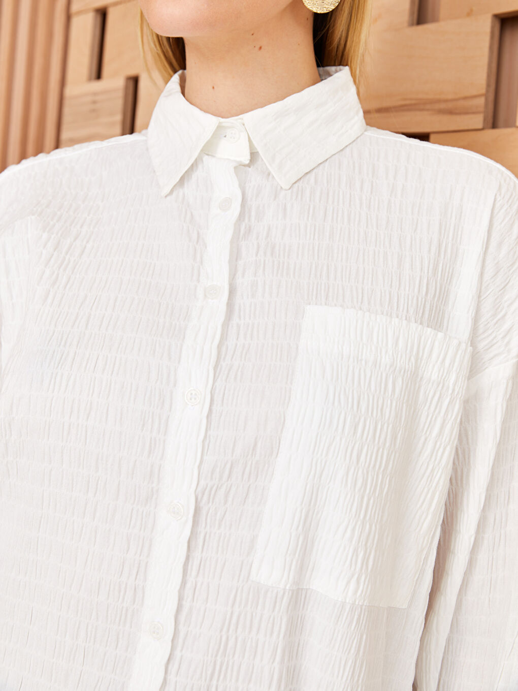 Ekru Düz Uzun Kollu Oversize Kadın Gömlek Tunik-2