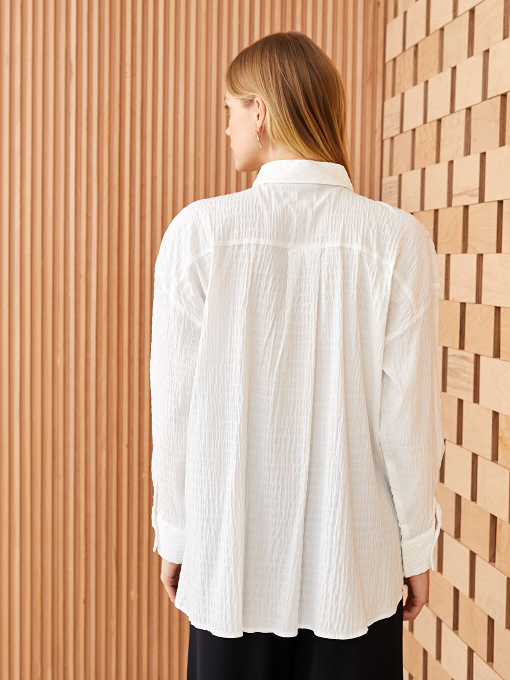 Ekru Düz Uzun Kollu Oversize Kadın Gömlek Tunik-3