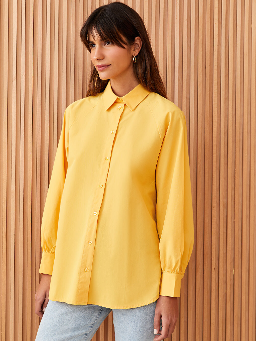 قميص تونيك سادة كم طويل واسع بوبلين للسيدات-1