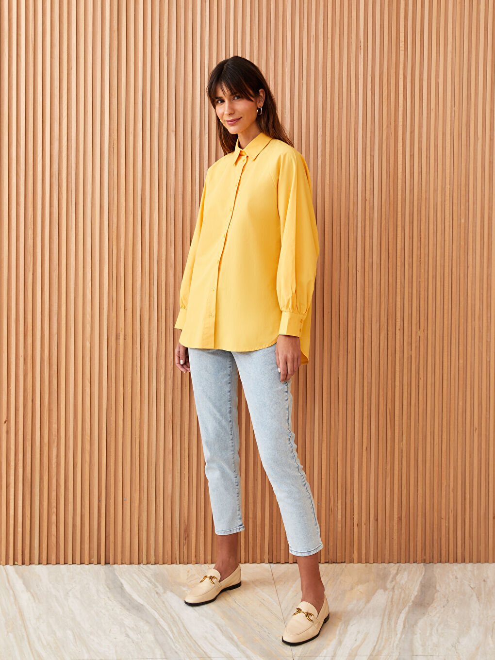 قميص تونيك سادة كم طويل واسع بوبلين للسيدات-2