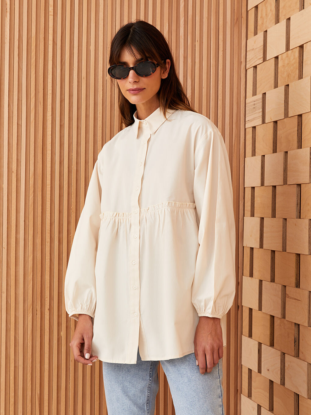 Ekru Düz Poplin Kadın Gömlek Tunik-1