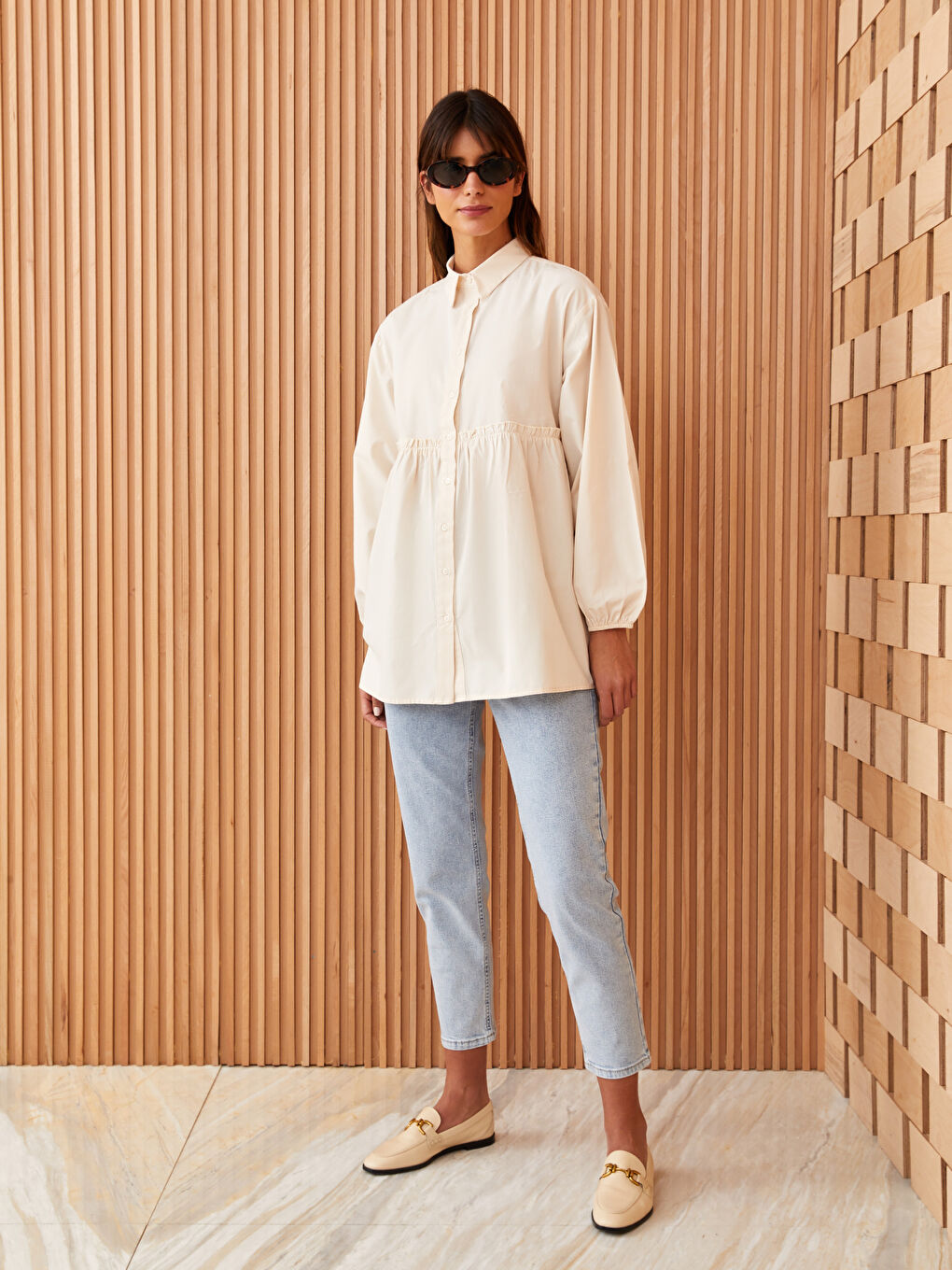 Ekru Düz Poplin Kadın Gömlek Tunik-2