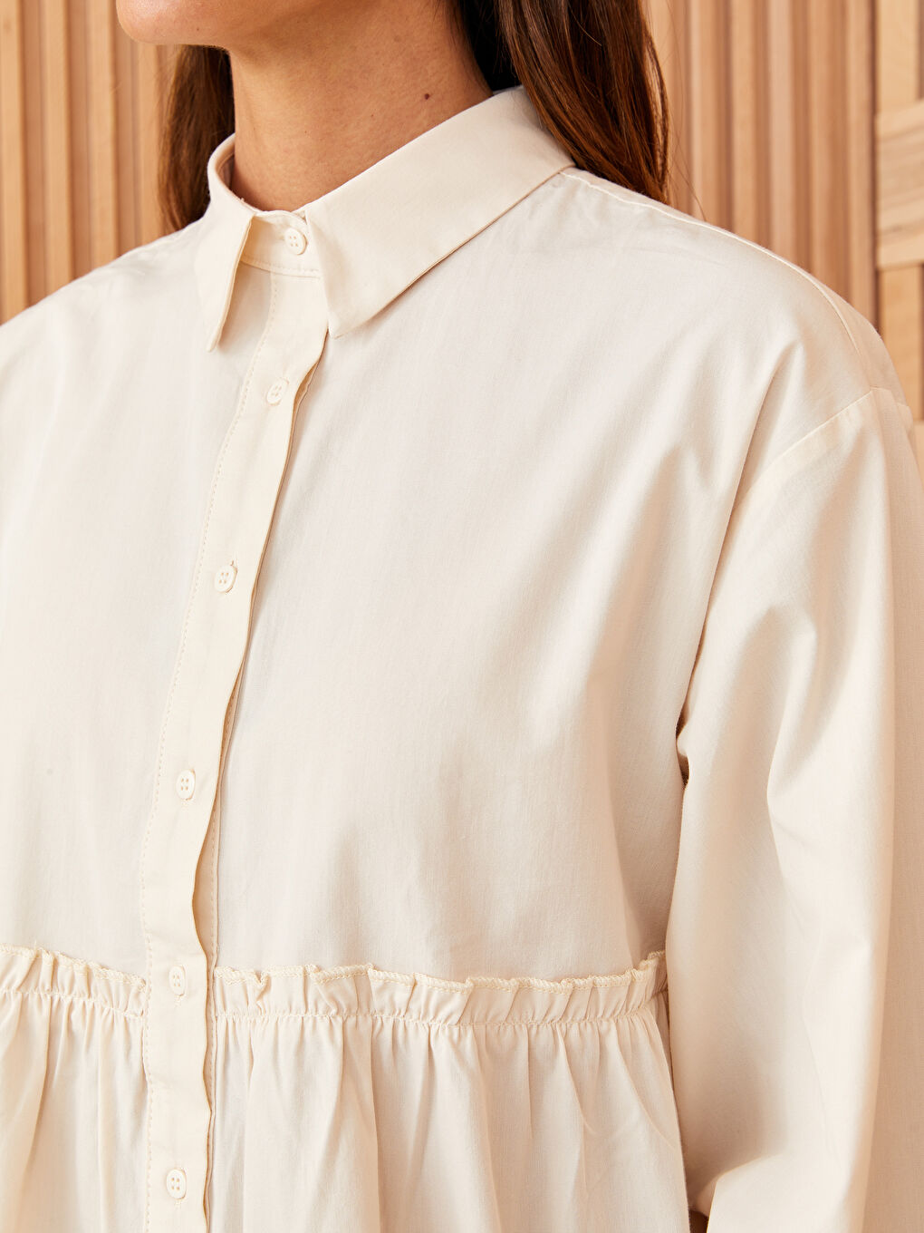 Ekru Düz Poplin Kadın Gömlek Tunik-3