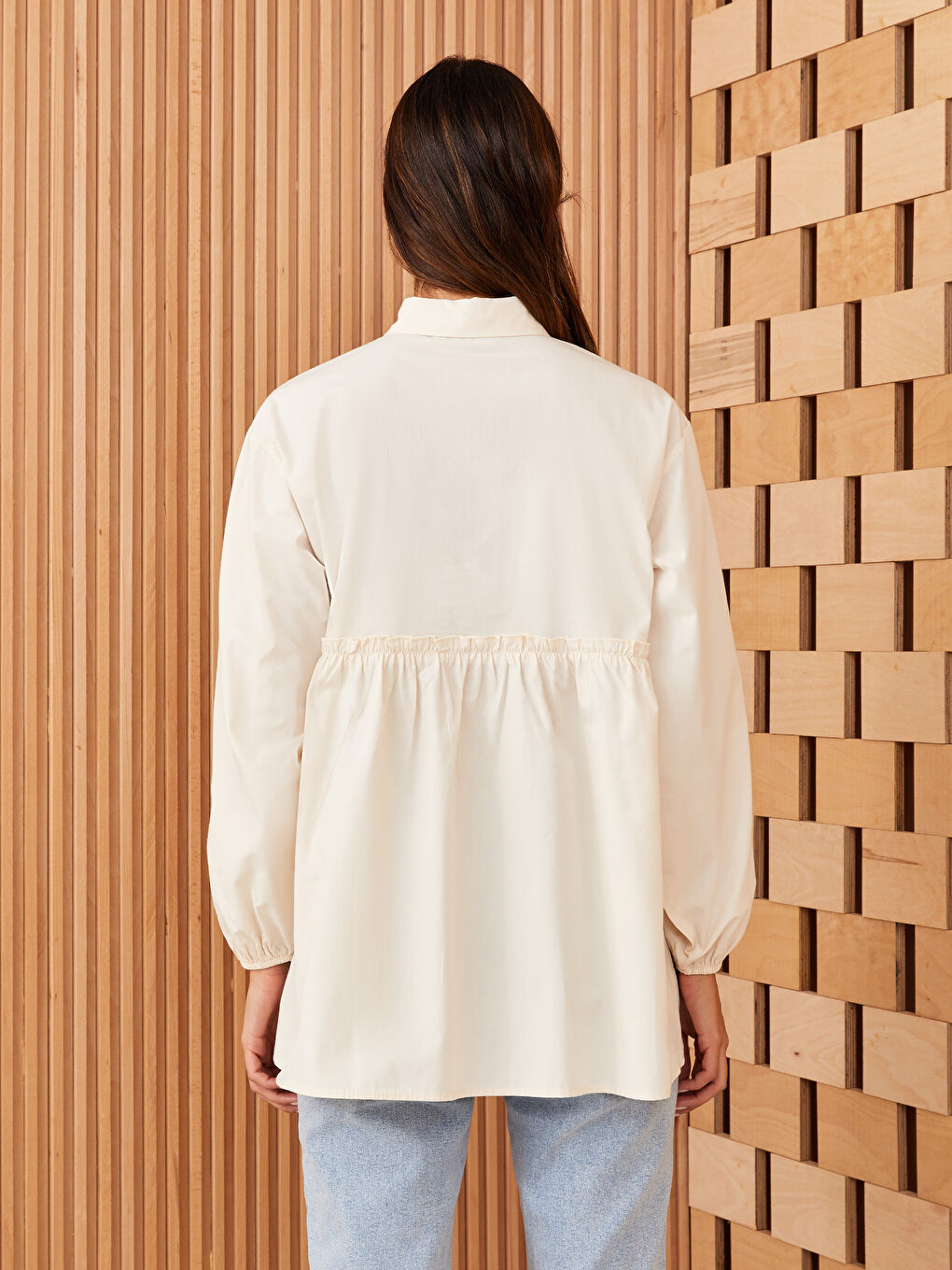 Ekru Düz Poplin Kadın Gömlek Tunik-4
