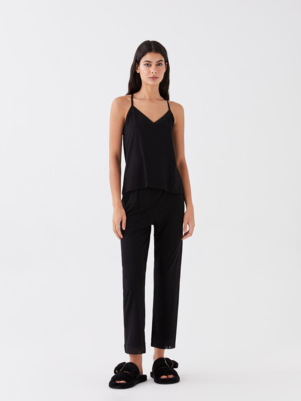 V Neck Plain Strappy Women's Pyjama Set-2