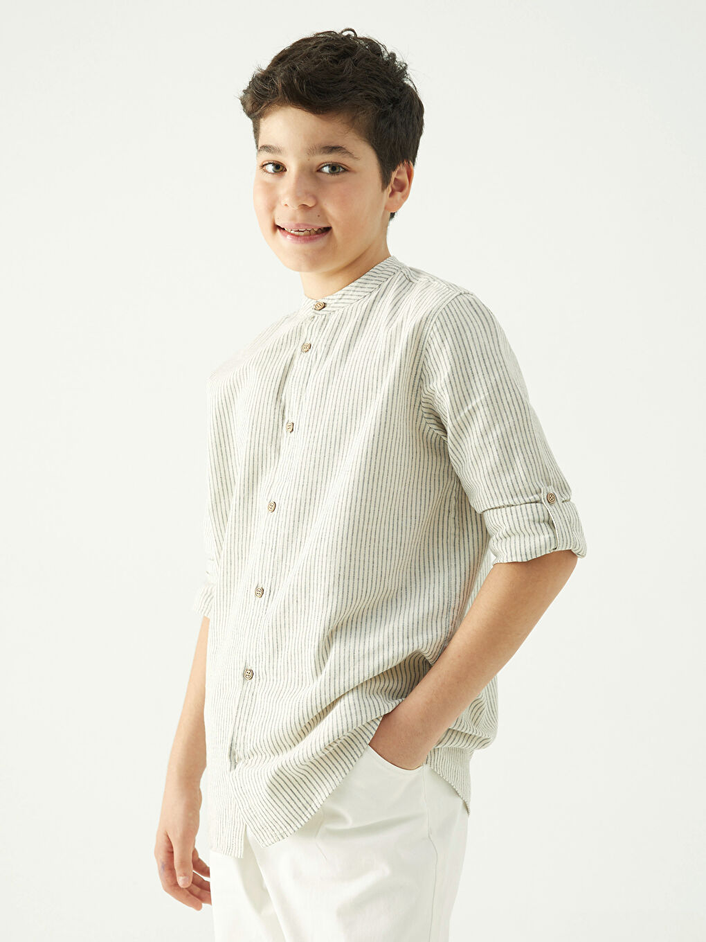 Ekru Hakim Yaka Çizgili Uzun Kollu Erkek Çocuk Gömlek-2