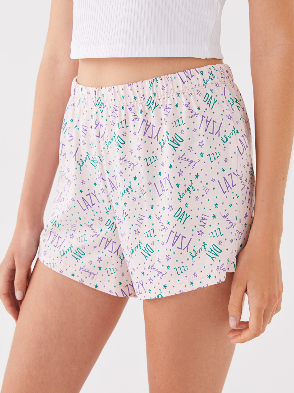 Pembe Beli Lastikli Desenli Kadın Şort Pijama Altı-1