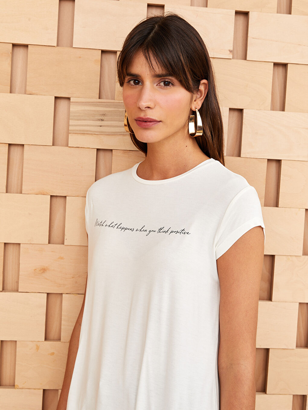 Ekru Bisiklet Yaka Baskılı Kısa Kollu Kadın Tunik-1