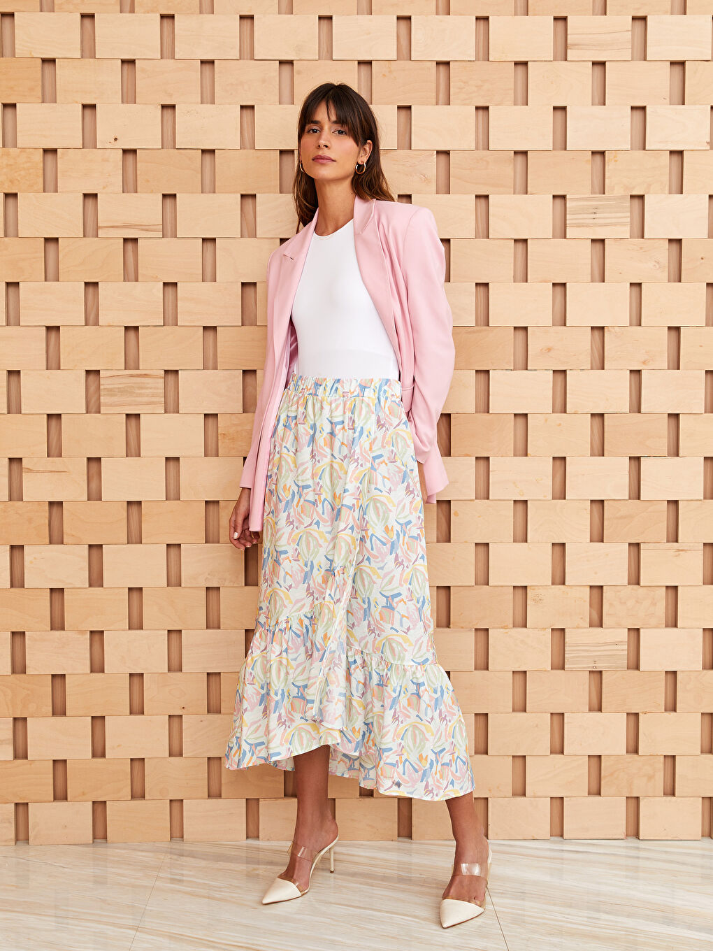 Mavi Beli Lastikli Desenli Kadın Etek