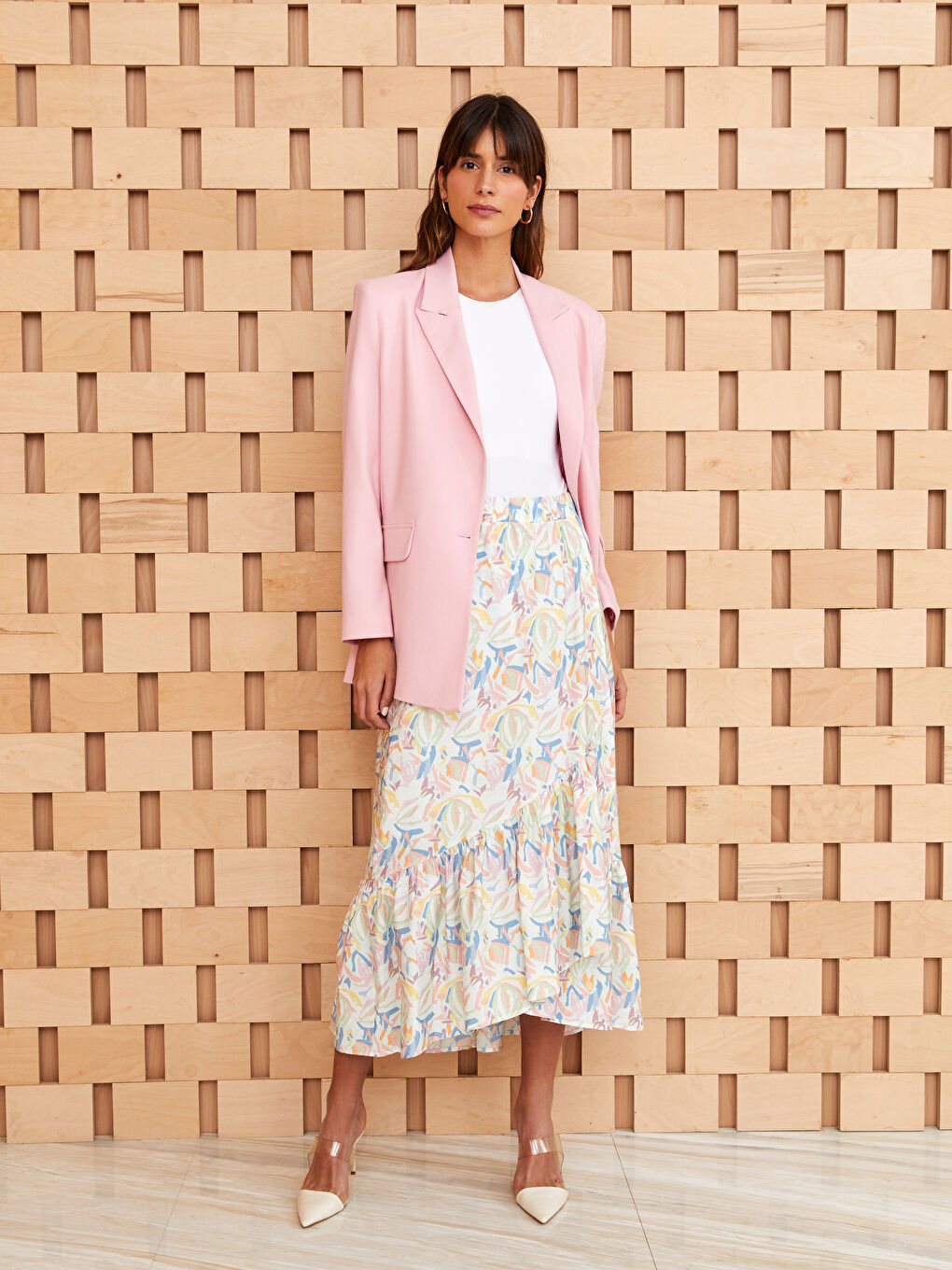 Mavi Beli Lastikli Desenli Kadın Etek-1