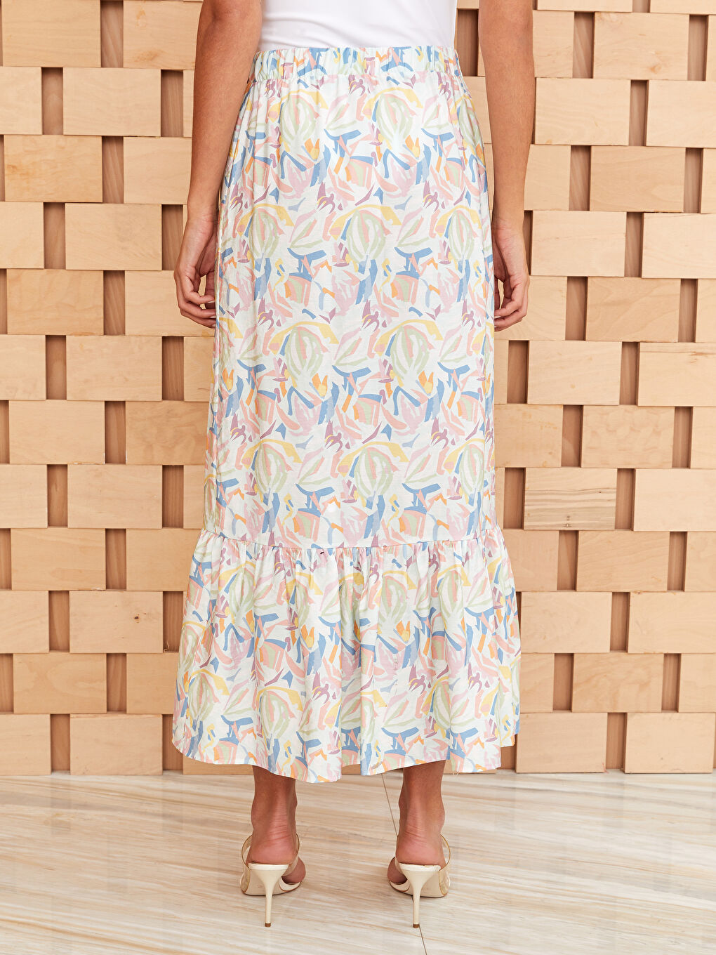 Mavi Beli Lastikli Desenli Kadın Etek-3