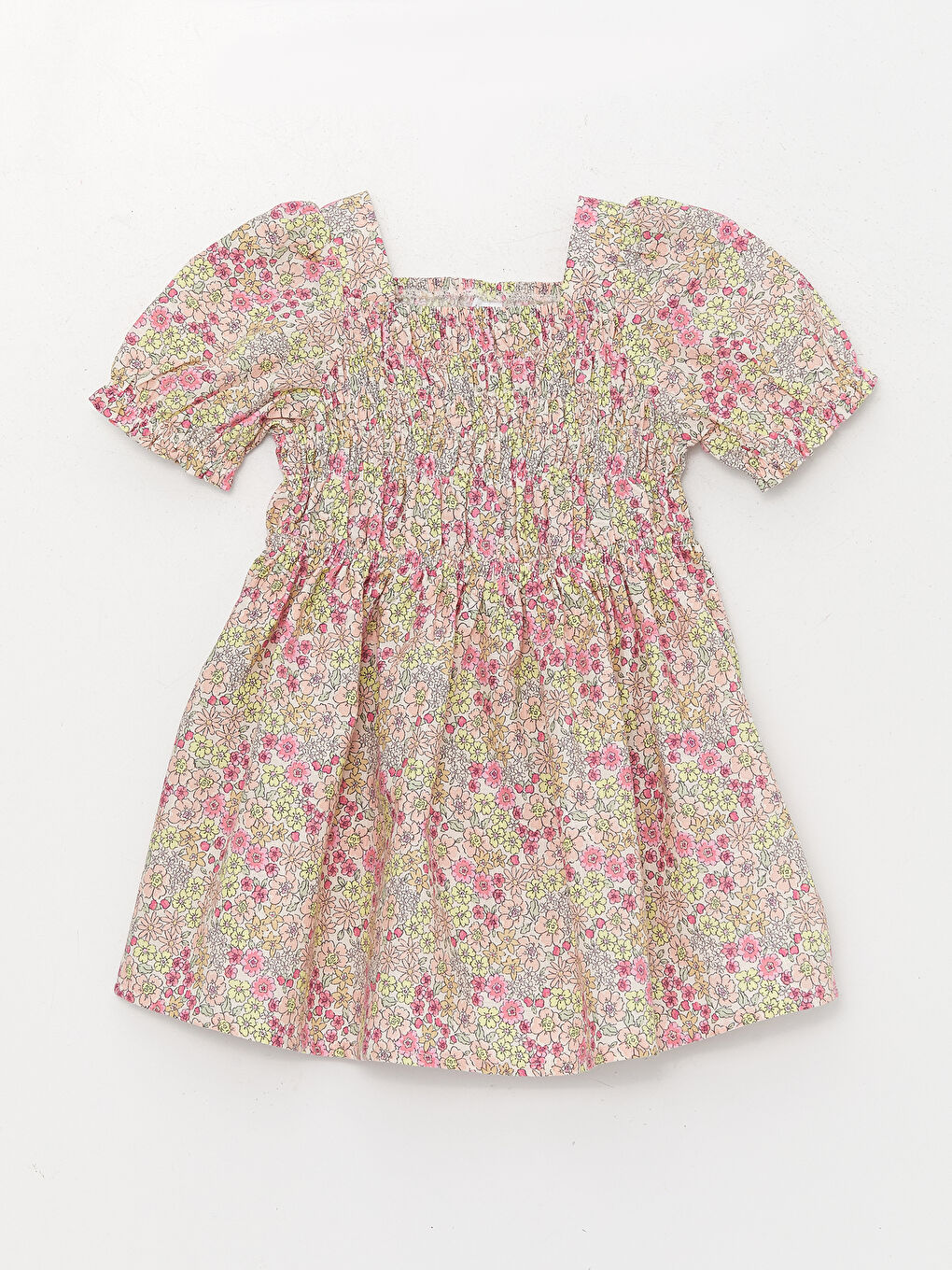 Floral Patterned Square Collar Short Sleeve Baby Girls' Dress