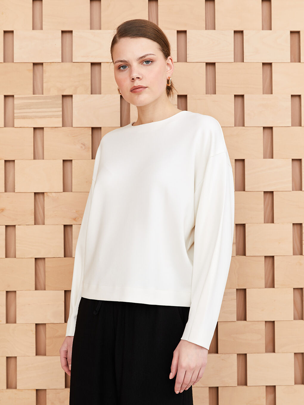 Tunique à Col Rond Unie à Manches Longues pour Femmes-1