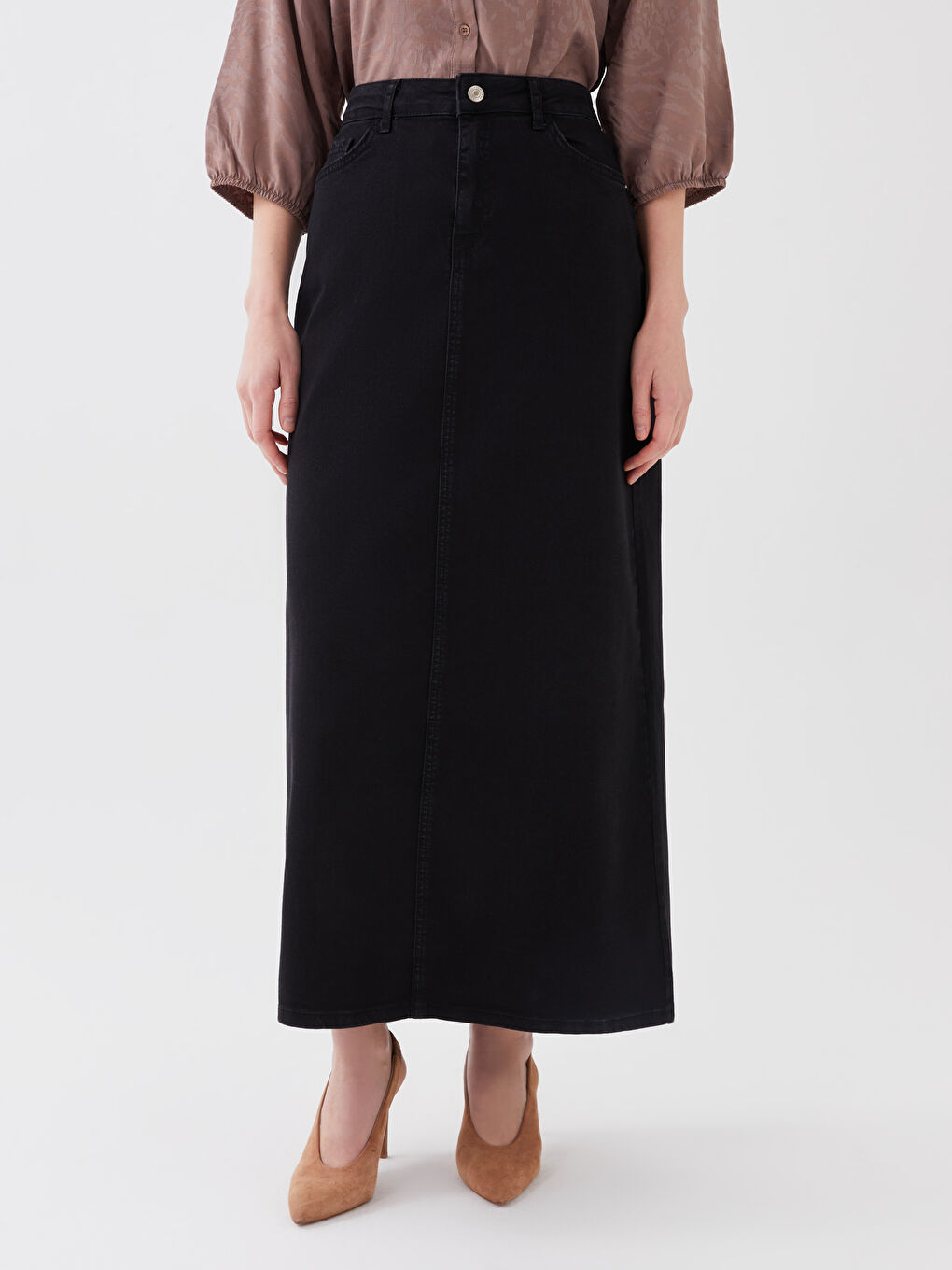 Siyah Standart Fit Düz A Kesim Kadın Jean Etek-2