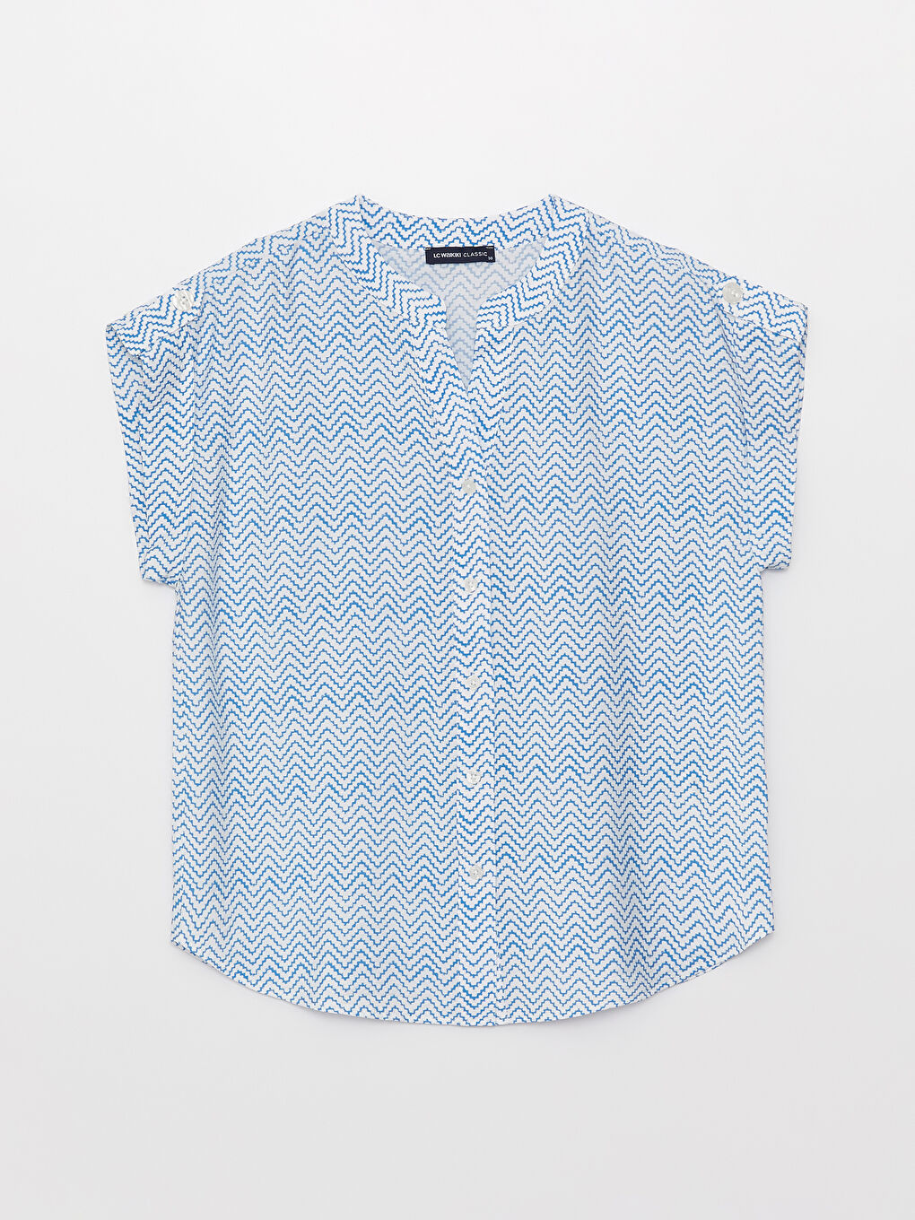 Mavi Kaçık Yaka Desenli Kısa Kollu Kadın Gömlek-5