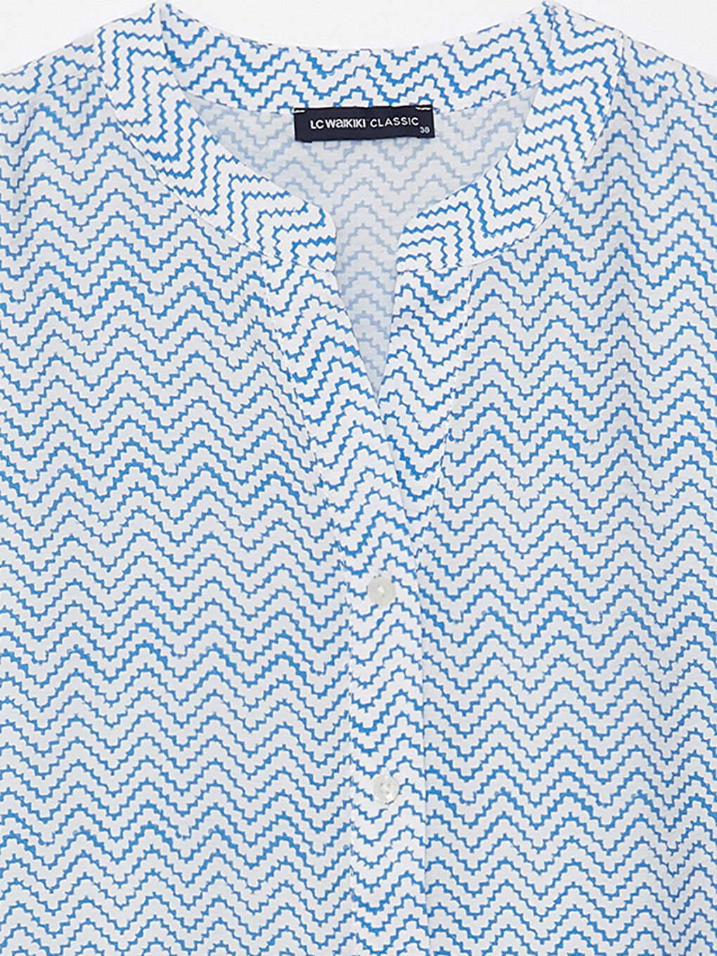 Mavi Kaçık Yaka Desenli Kısa Kollu Kadın Gömlek-6