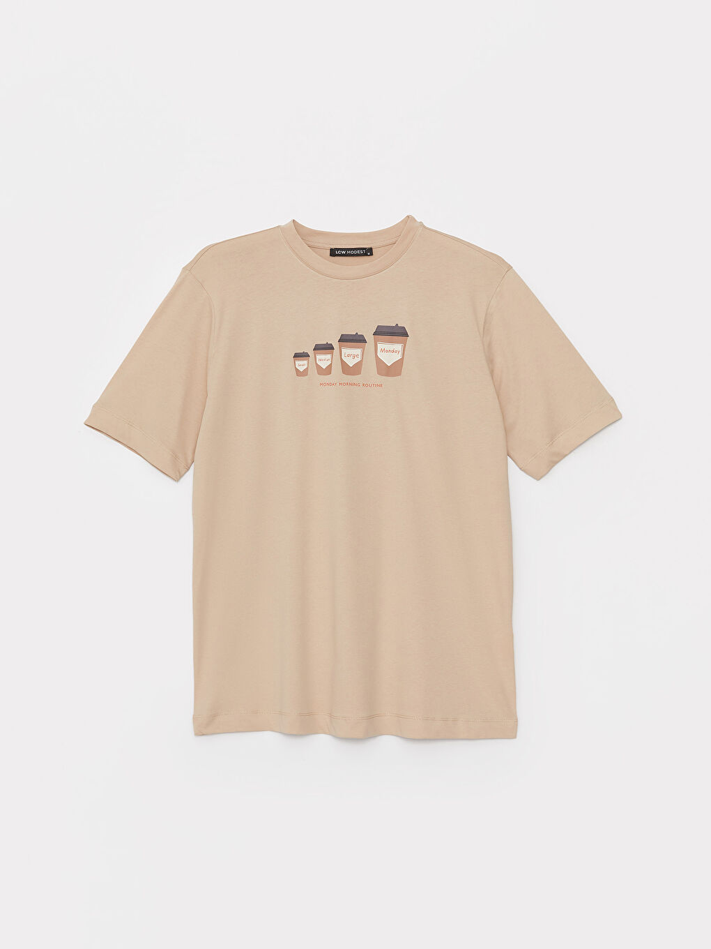 Bej Bisiklet Yaka Baskılı Kısa Kollu Oversize Kadın Tunik-4