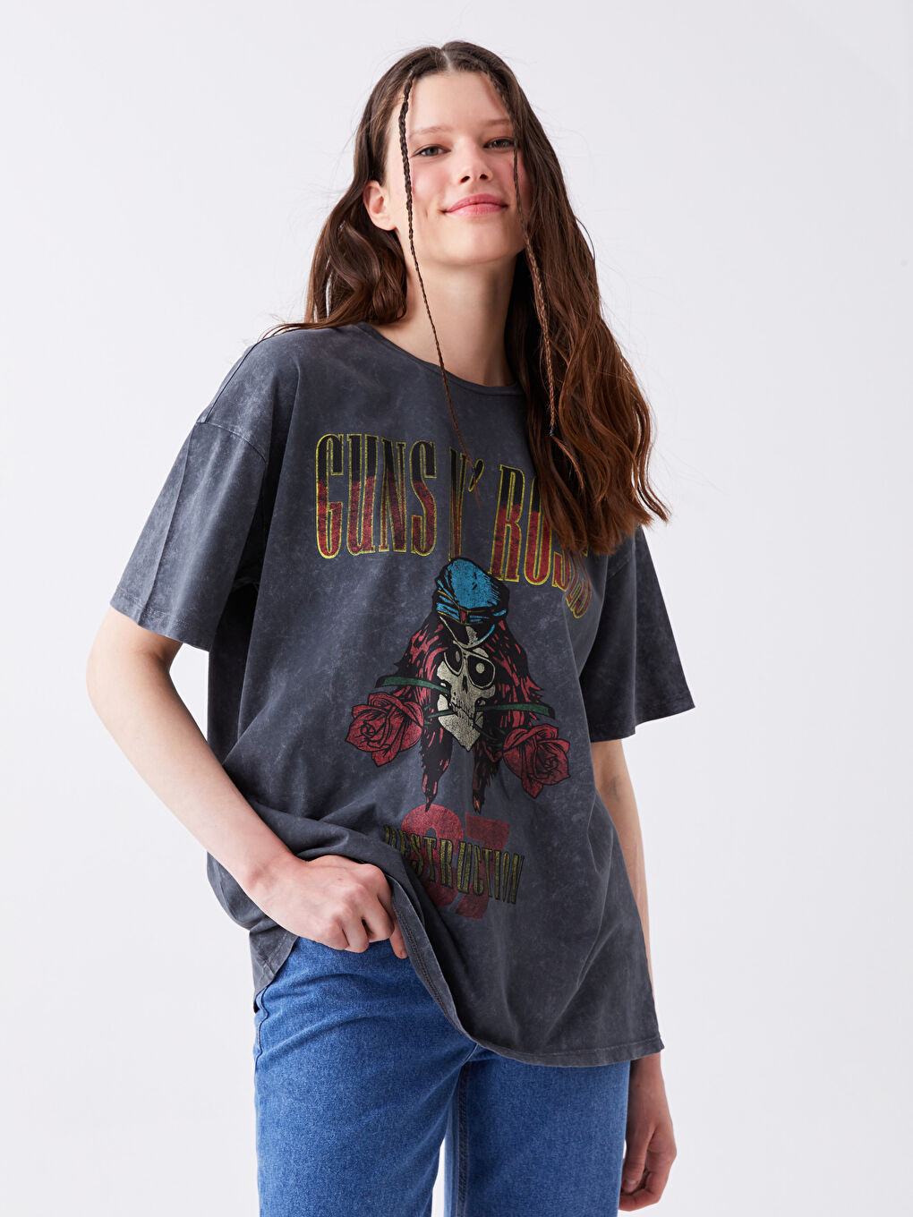 XSIDE Crew Neck Guns and Roses Printed Short Sleeve Women's T-Shirt -S3I199Z8-RFL