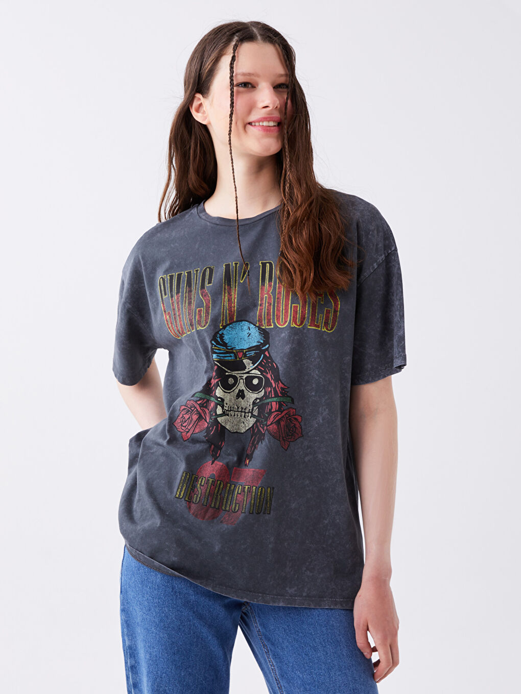 XSIDE Crew Neck Guns and Roses Printed Short Sleeve Women's T-Shirt -S3I199Z8-RFL