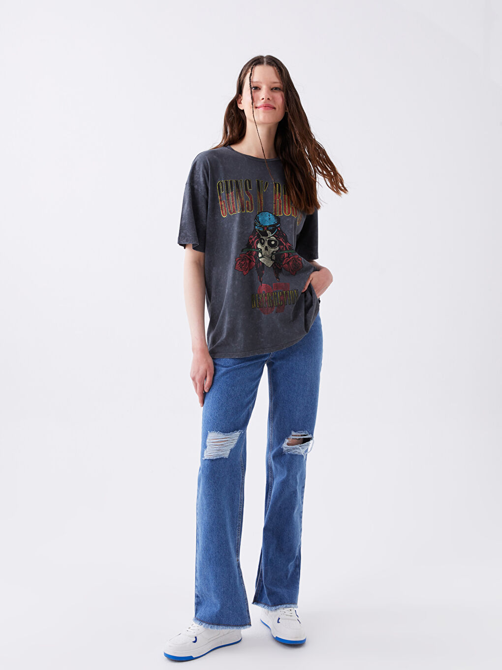 XSIDE Crew Neck Guns and Roses Printed Short Sleeve Women's T-Shirt -S3I199Z8-RFL