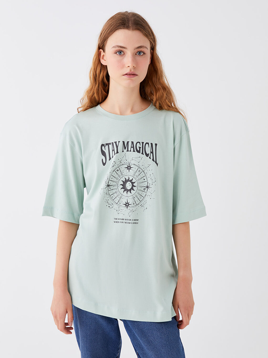 Yeşil Bisiklet Yaka Baskılı Kısa Kollu Oversize Kadın Tunik