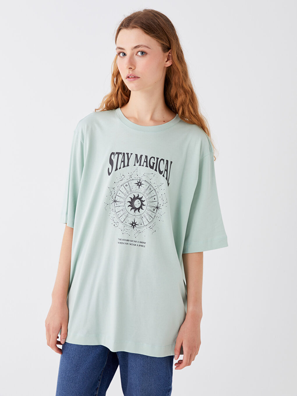 Yeşil Bisiklet Yaka Baskılı Kısa Kollu Oversize Kadın Tunik-1