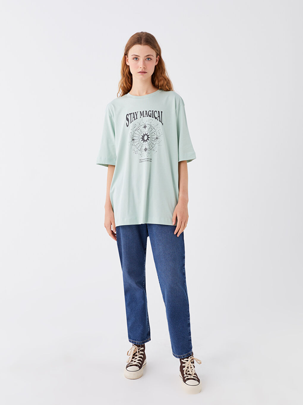 Yeşil Bisiklet Yaka Baskılı Kısa Kollu Oversize Kadın Tunik-2