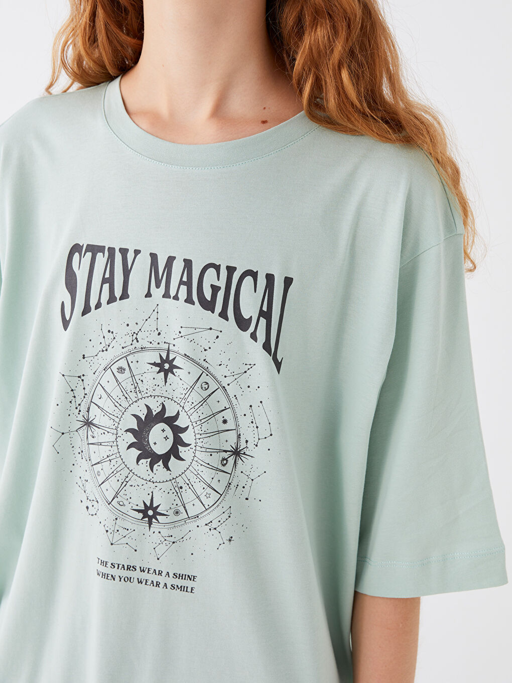 Yeşil Bisiklet Yaka Baskılı Kısa Kollu Oversize Kadın Tunik-3