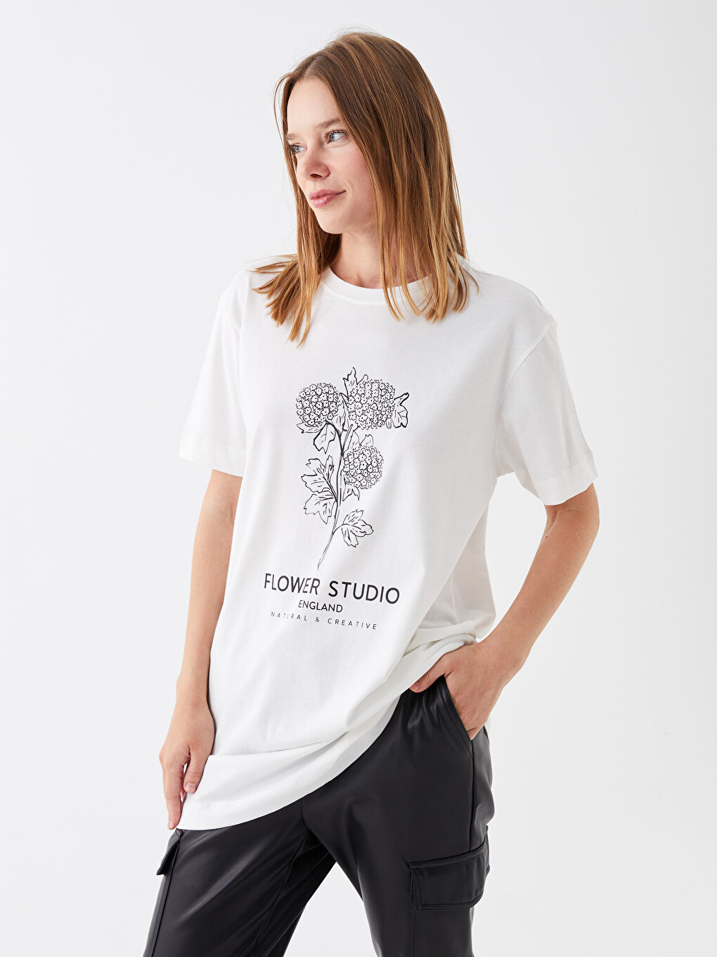 Ekru Bisiklet Yaka Baskılı Kısa Kollu Oversize Kadın Tunik