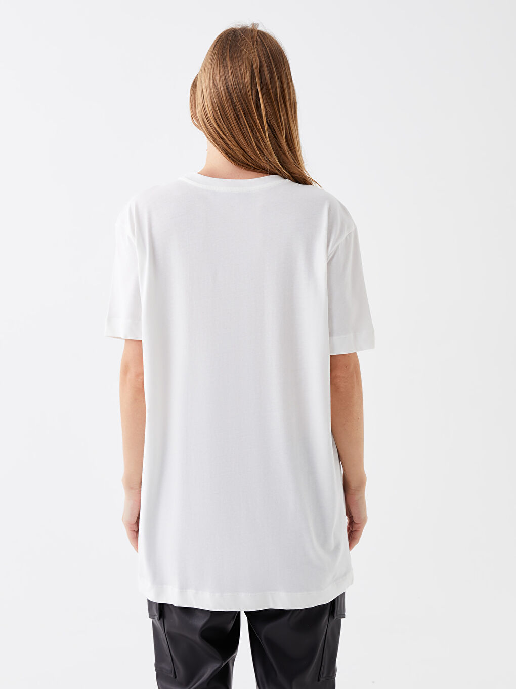 Ekru Bisiklet Yaka Baskılı Kısa Kollu Oversize Kadın Tunik-4