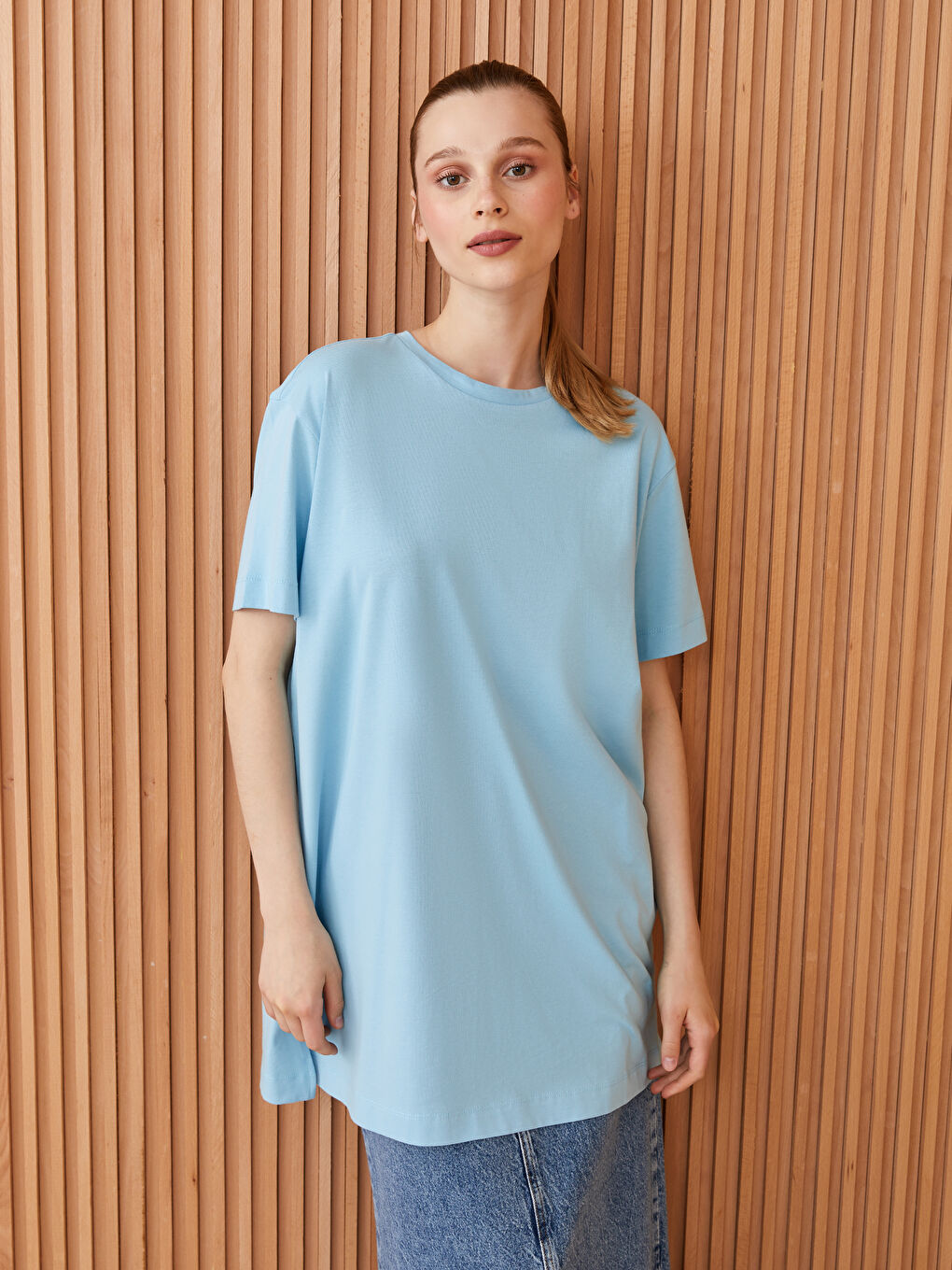 Crew Neck Plain Short Sleeve Oversize Women's Tunic