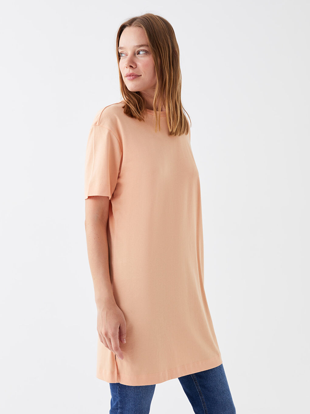 Crew Neck Plain Short Sleeve Oversize Women's Tunic