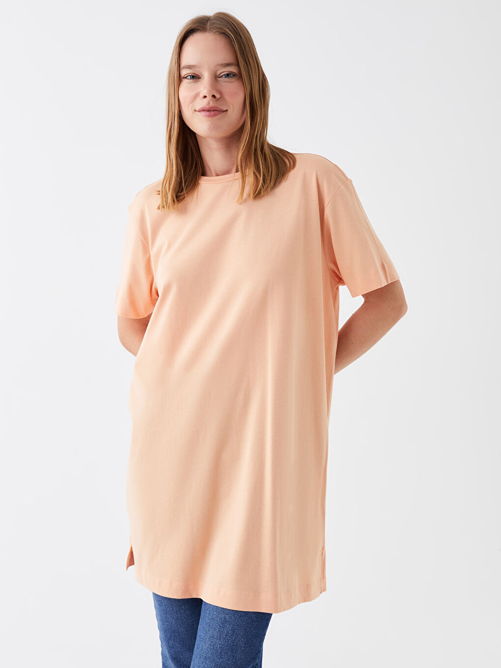 Crew Neck Plain Short Sleeve Oversize Women's Tunic-1