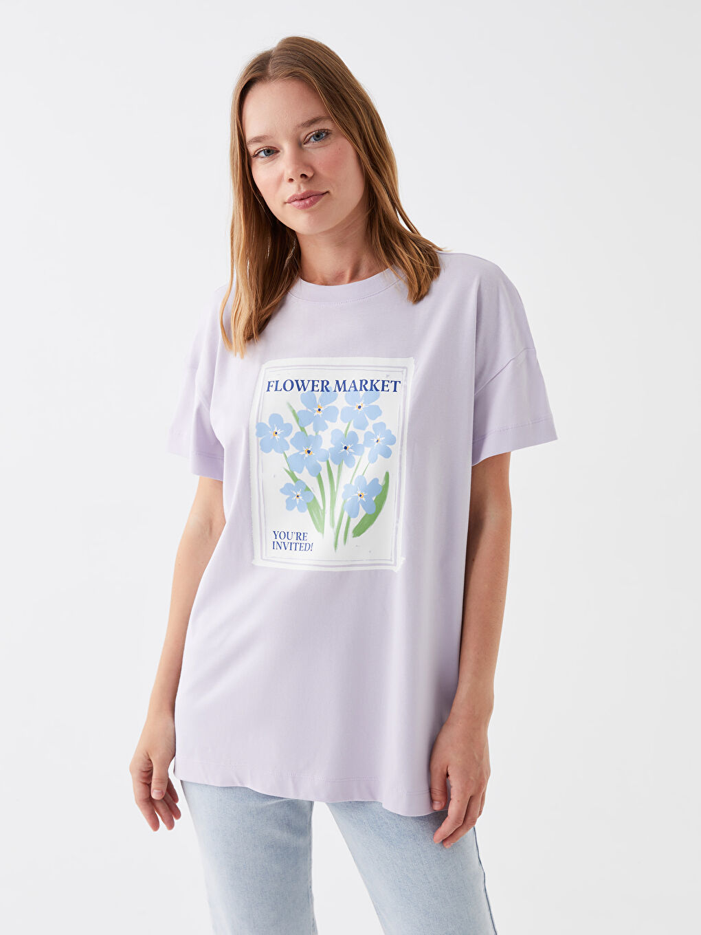 Lila Bisiklet Yaka Baskılı Kısa Kollu Oversize Kadın Tunik-1