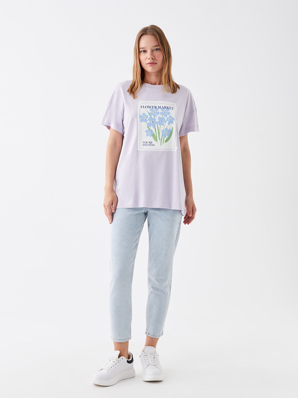 Lila Bisiklet Yaka Baskılı Kısa Kollu Oversize Kadın Tunik-2