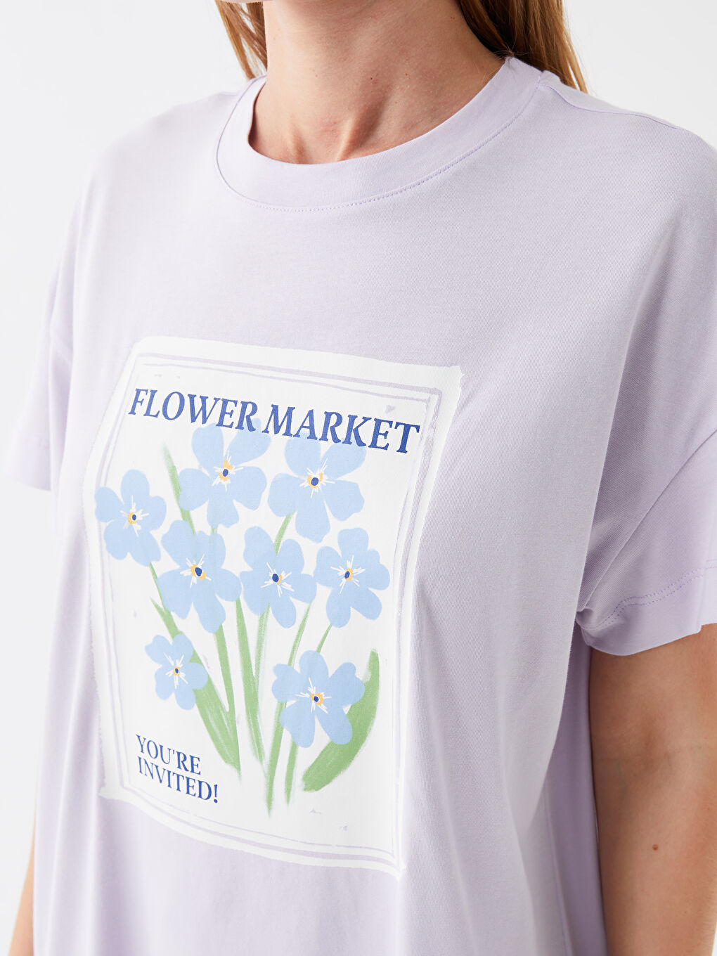 Lila Bisiklet Yaka Baskılı Kısa Kollu Oversize Kadın Tunik-3