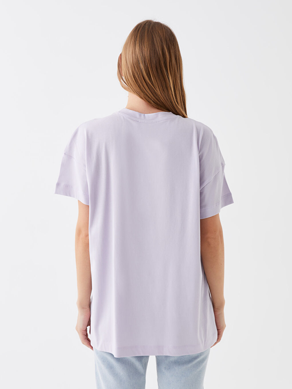 Lila Bisiklet Yaka Baskılı Kısa Kollu Oversize Kadın Tunik-4