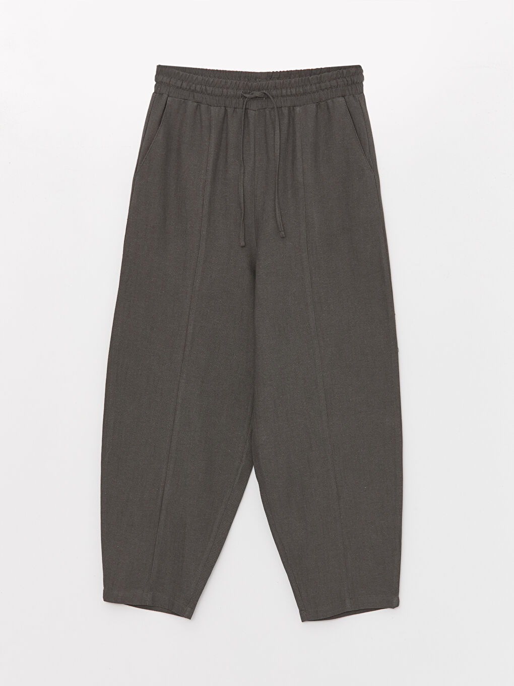 Gri Beli Lastikli Düz Keten Karışımlı Kadın Pantolon-5