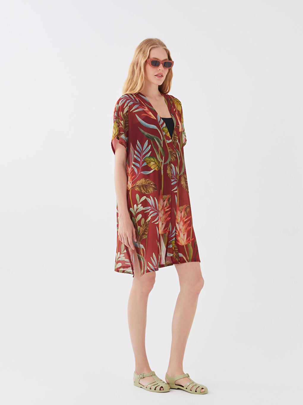 Shawl Collar Patterned Short Sleeve Women's Kimono