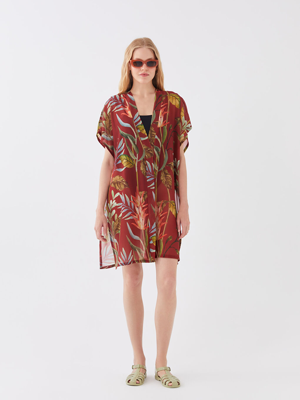 Shawl Collar Patterned Short Sleeve Women's Kimono-1