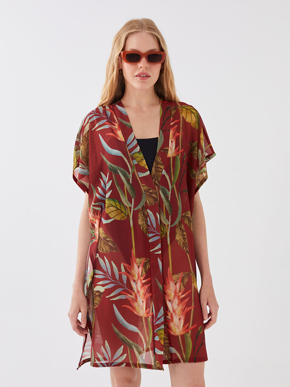 Shawl Collar Patterned Short Sleeve Women's Kimono-2