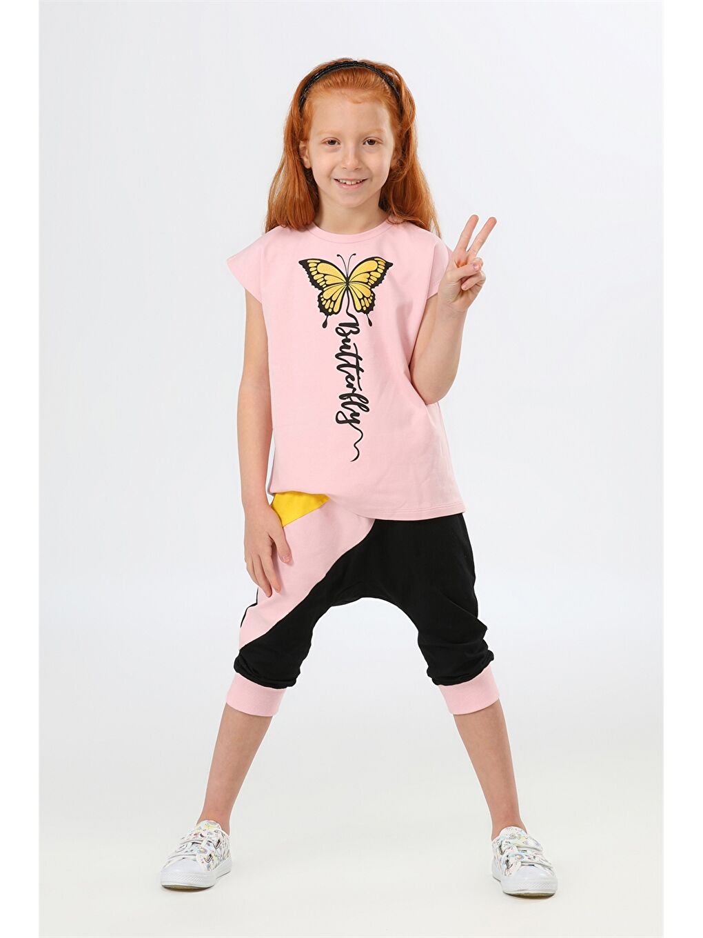 Pembe Bisiklet Yaka Baskılı Kısa Kollu Kız Çocuk Tişört ve Tayt