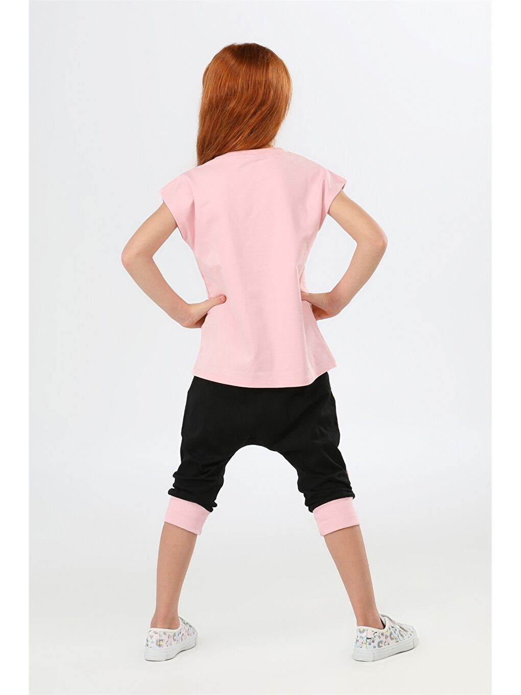 Pembe Bisiklet Yaka Baskılı Kısa Kollu Kız Çocuk Tişört ve Tayt-1